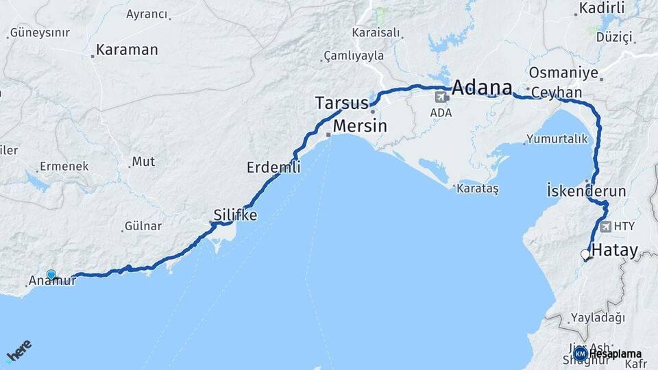 Mersin Bozyazı Hatay Arası Kaç Km - Yol Haritası