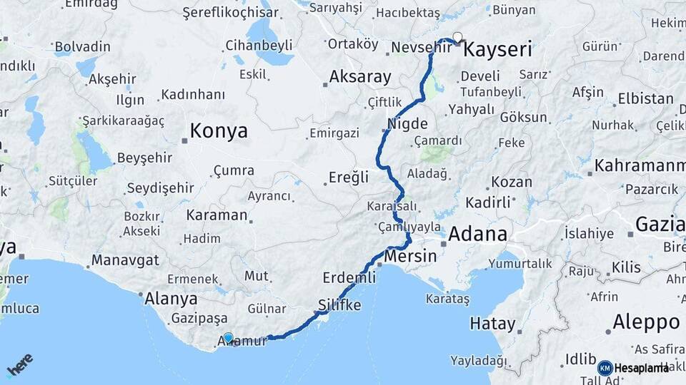 Mersin Bozyazı Kayseri Arası Kaç Km - Yol Haritası