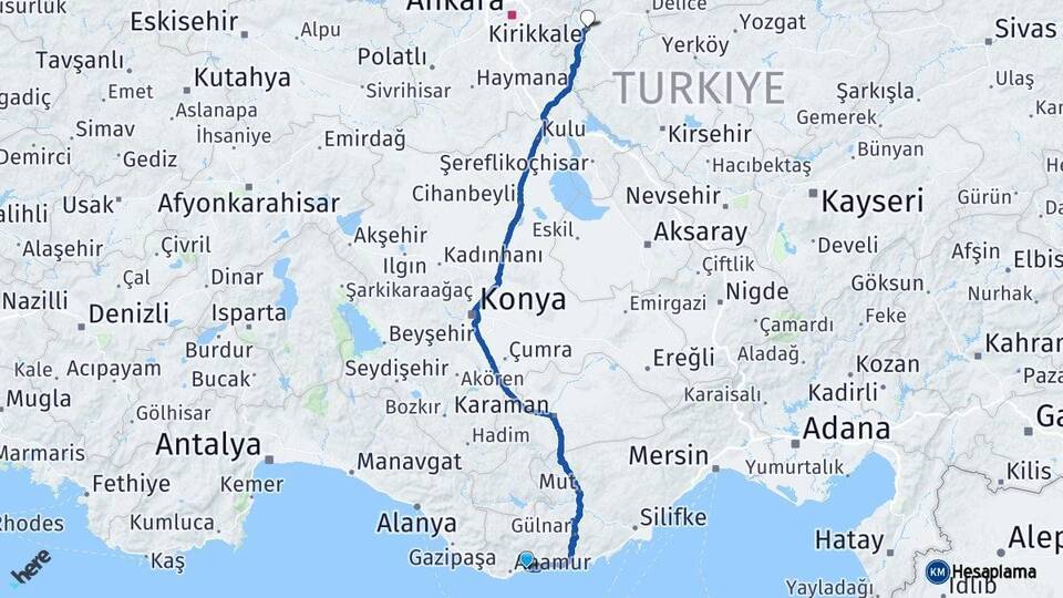 Mersin Bozyazı Kırıkkale Arası Kaç Km - Yol Haritası