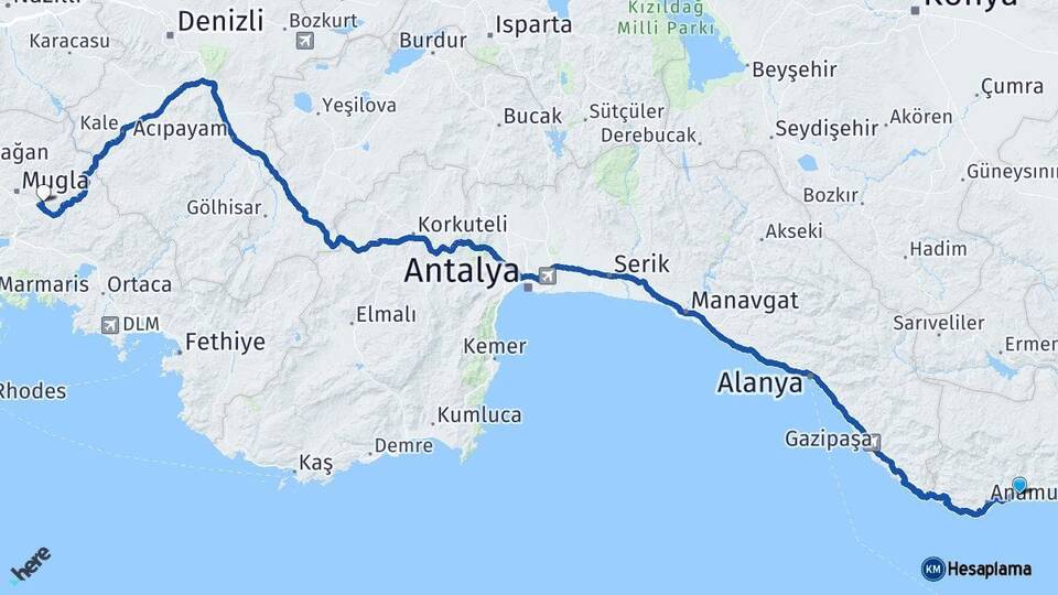 Mersin Bozyazı Muğla Arası Kaç Km - Yol Haritası