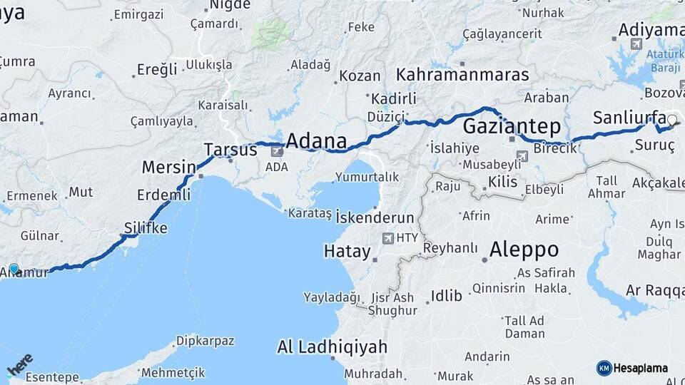 Mersin Bozyazı Şanlıurfa Arası Kaç Km - Yol Haritası