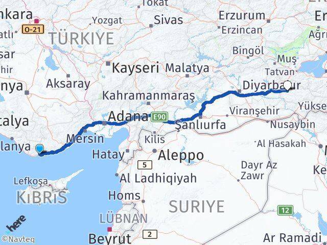 Mersin Bozyazı Siirt Arası Kaç Km - Yol Haritası