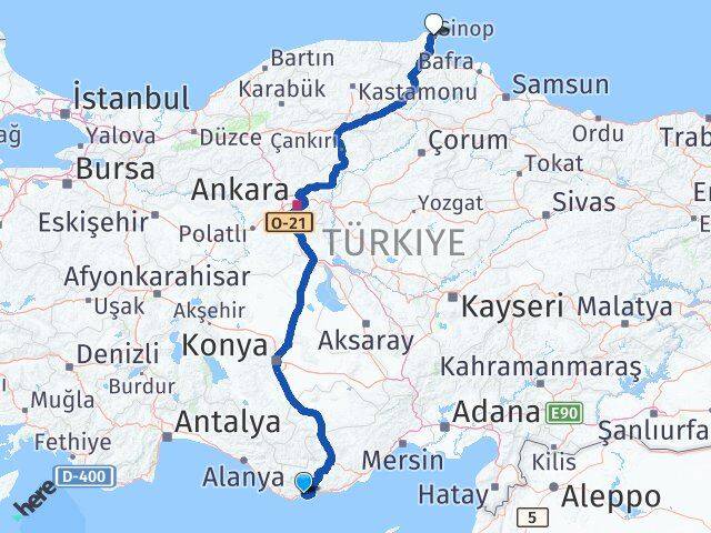 Mersin Bozyazı Sinop Arası Kaç Km - Yol Haritası