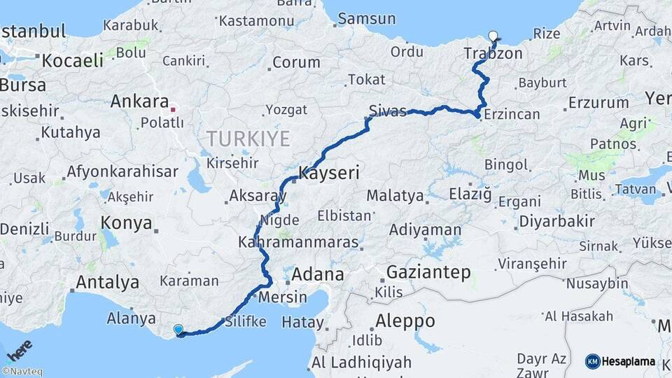 Mersin Bozyazı Trabzon Arası Kaç Km - Yol Haritası