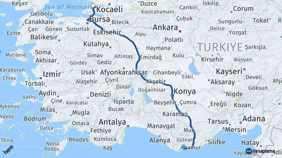 Mersin Bozyazı Yalova Arası Kaç Km - Yol Haritası