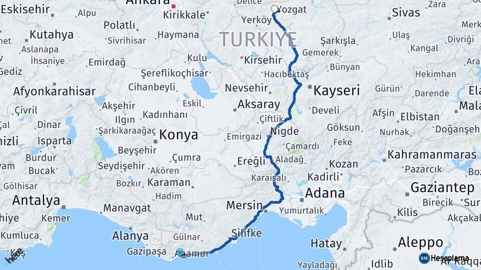 Mersin Bozyazı Yozgat Arası Kaç Km - Yol Haritası