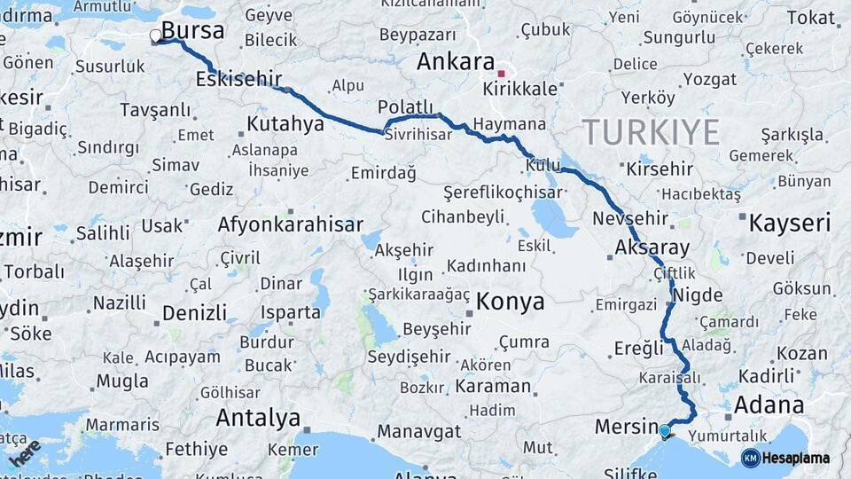 Mersin Bursa Arası Kaç Km - Yol Haritası