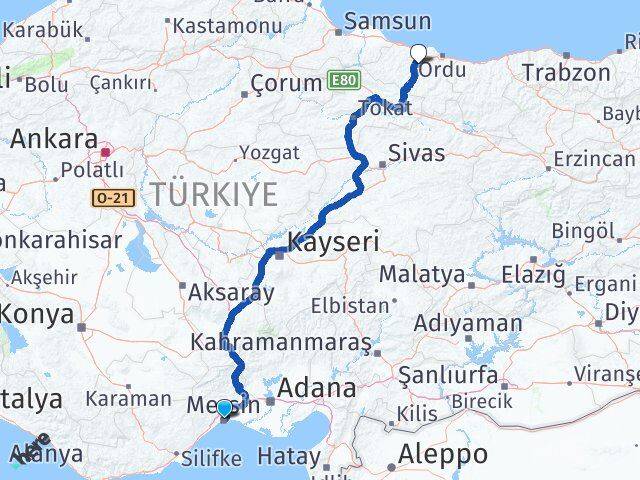 Mersin Çamaş Ordu Arası Kaç Km - Yol Haritası