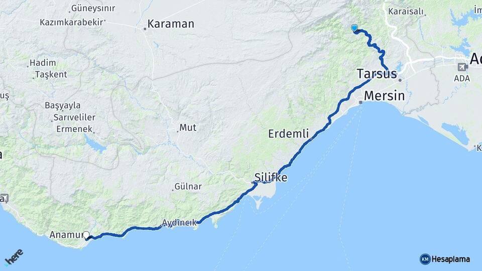 Mersin Çamlıyayla Anamur Arası Kaç Km - Yol Haritası