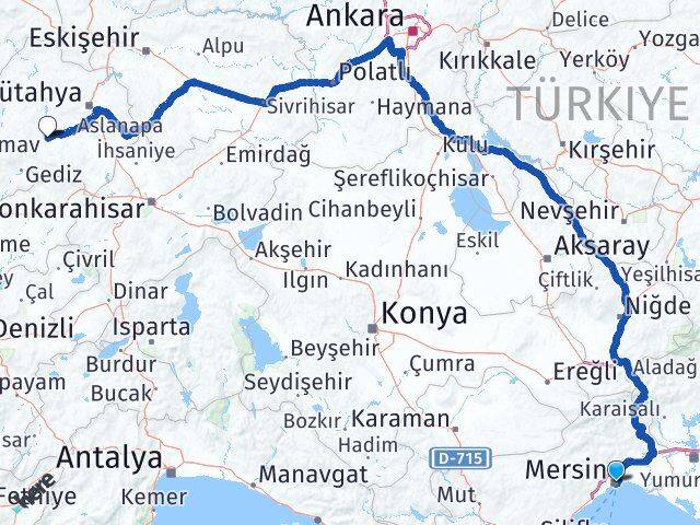 Mersin Çavdarhisar Kütahya Arası Kaç Km - Yol Haritası