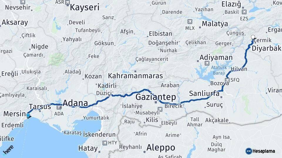 Mersin Çermik Diyarbakır Arası Kaç Km - Yol Haritası