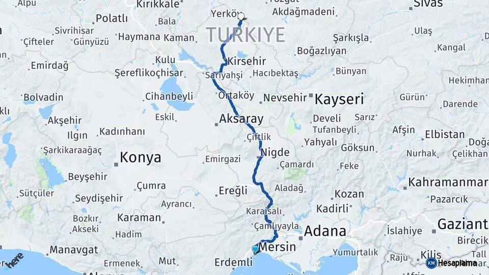 Mersin Çiçekdağı Kırşehir Arası Kaç Km - Yol Haritası