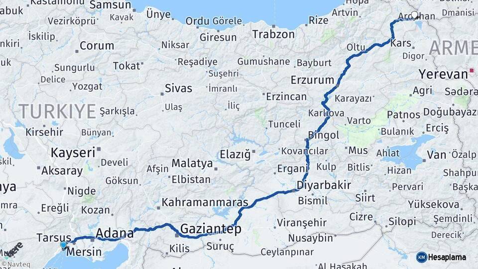 Mersin Çıldır Ardahan Arası Kaç Km - Yol Haritası