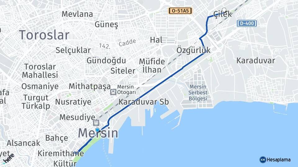 Mersin Çilek Akdeniz Arası Kaç Km - Yol Haritası