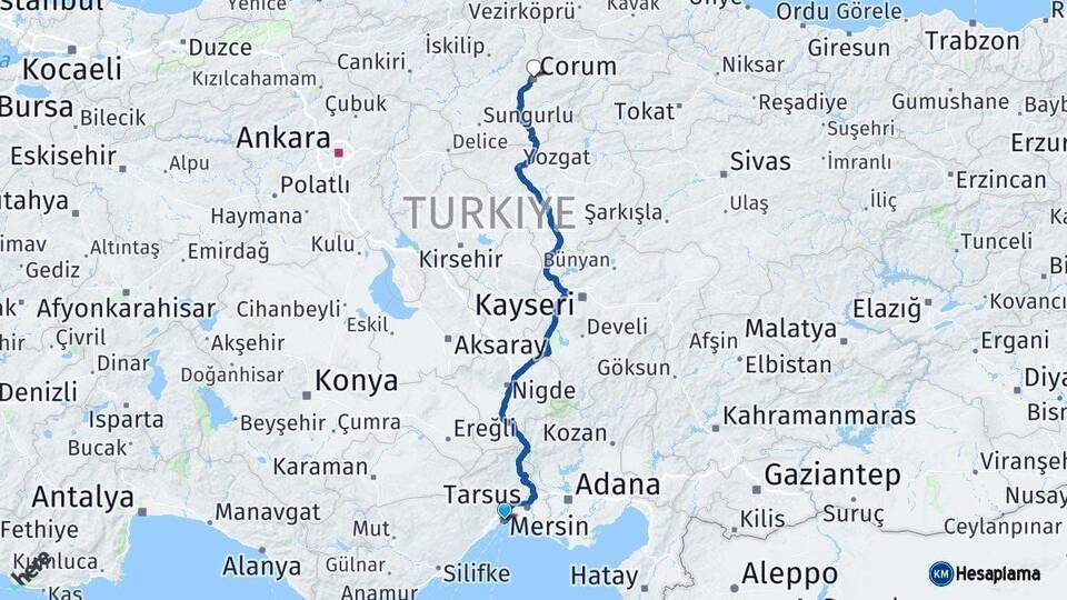 Mersin Çorum Arası Kaç Km - Yol Haritası