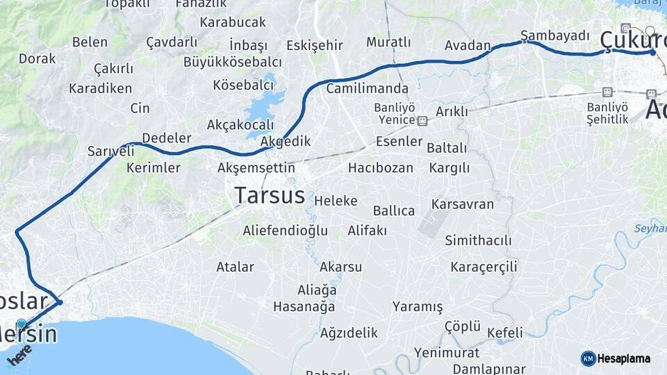 Mersin Çukurova Adana Arası Kaç Km - Yol Haritası