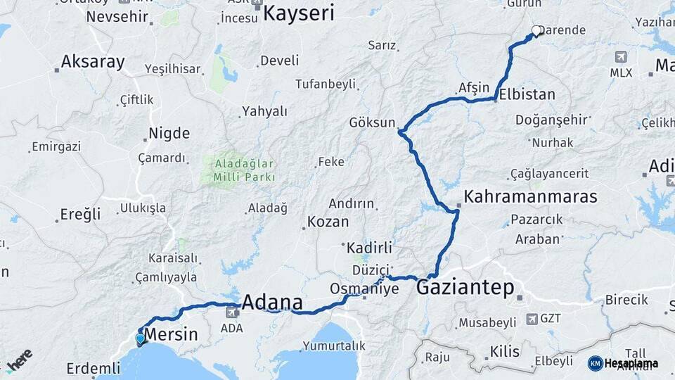Mersin Darende Malatya Arası Kaç Km - Yol Haritası