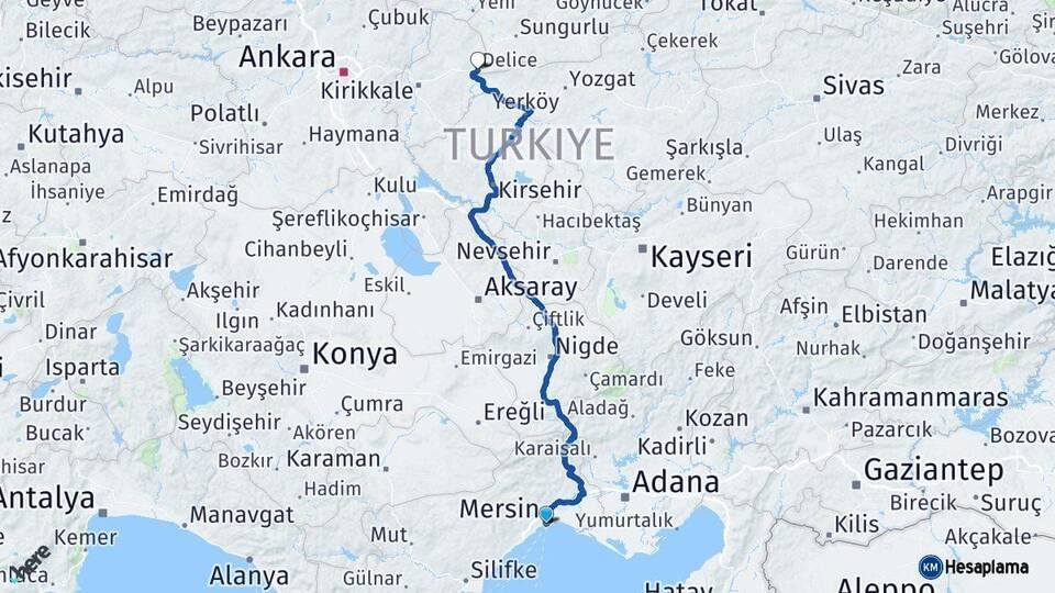 Mersin Delice Kırıkkale Arası Kaç Km - Yol Haritası