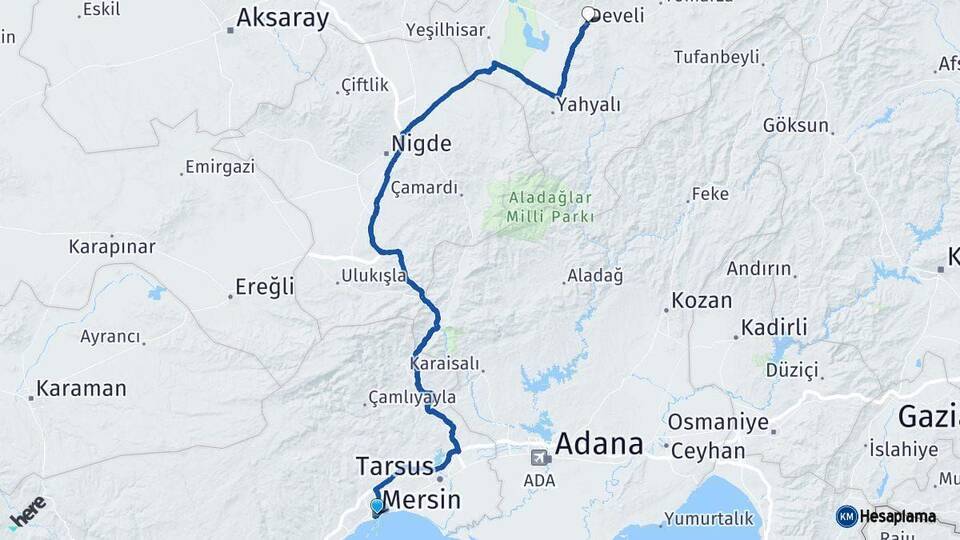 Mersin Develi Kayseri Arası Kaç Km - Yol Haritası