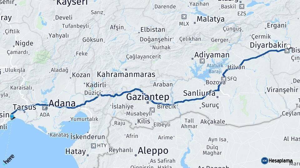 Mersin Diyarbakır Arası Kaç Km - Yol Haritası
