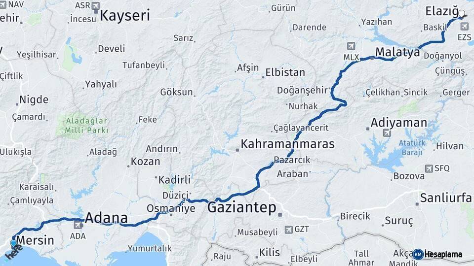 Mersin Elazığ Arası Kaç Km - Yol Haritası