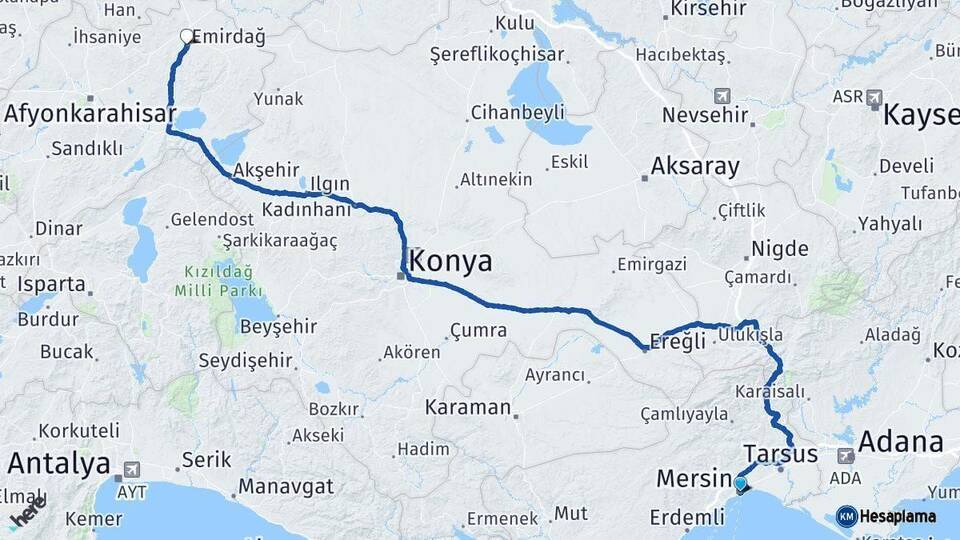 Mersin Emirdağ Afyonkarahisar Arası Kaç Km - Yol Haritası