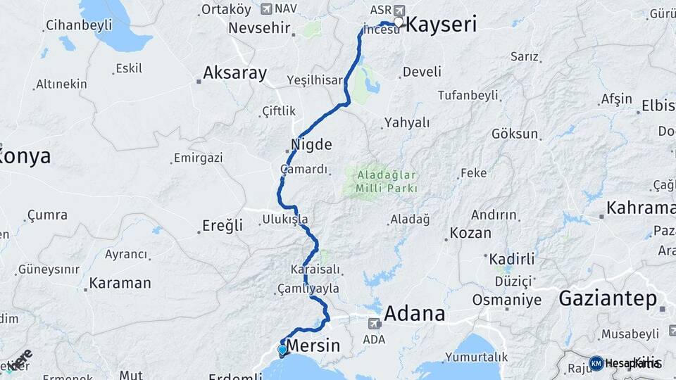 Mersin Erciyes Hacılar Kayseri Arası Kaç Km - Yol Haritası