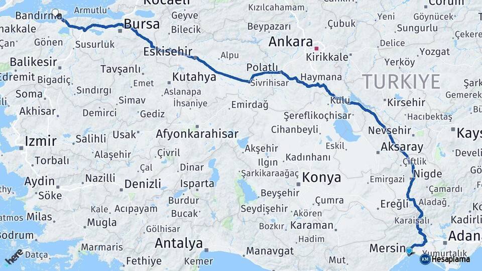 Mersin Erdek Balıkesir Arası Kaç Km - Yol Haritası