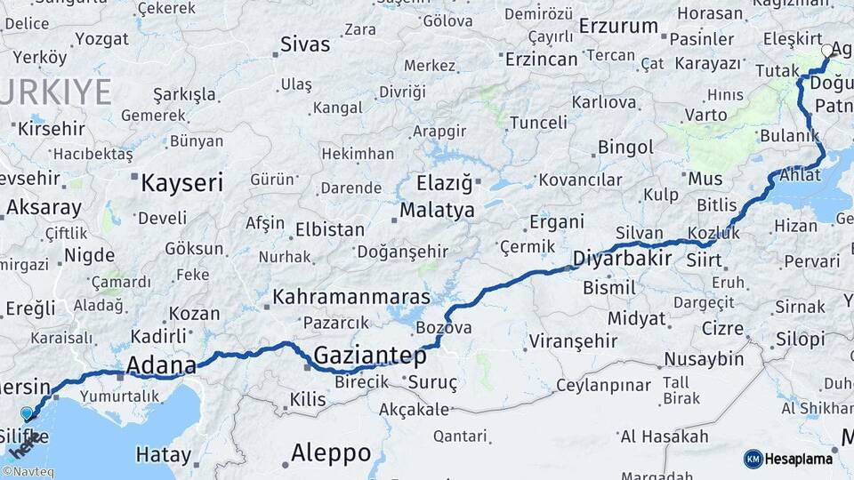 Mersin Erdemli Ağrı Arası Kaç Km - Yol Haritası