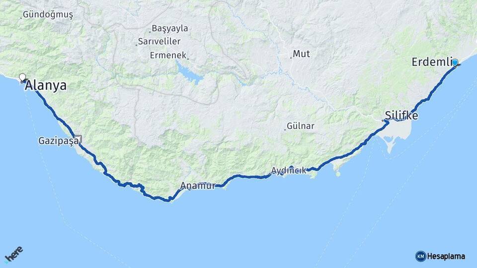 Mersin Erdemli Alanya Antalya Arası Kaç Km - Yol Haritası
