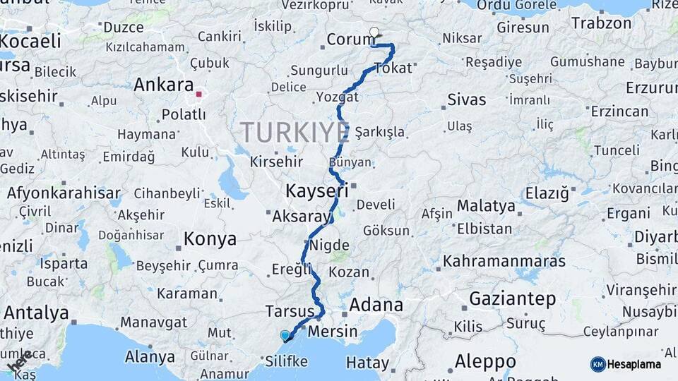 Mersin Erdemli Amasya Arası Kaç Km - Yol Haritası