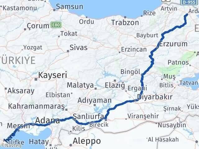 Mersin Erdemli Ardahan Arası Kaç Km - Yol Haritası