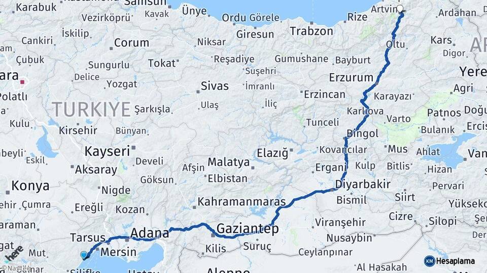 Mersin Erdemli Artvin Arası Kaç Km - Yol Haritası