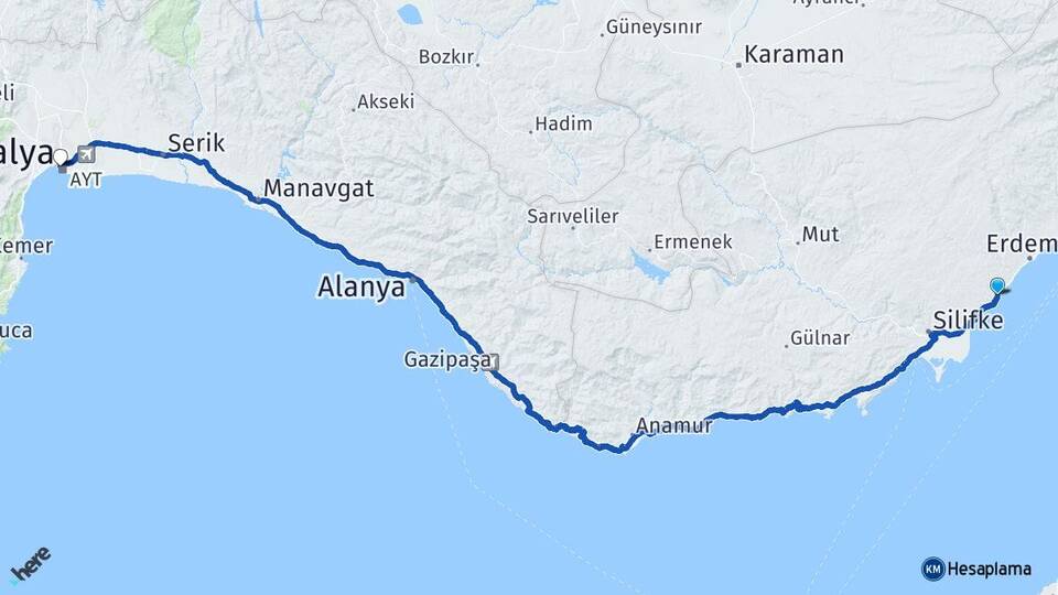 Mersin Erdemli Ayaş Antalya Arası Kaç Km - Yol Haritası
