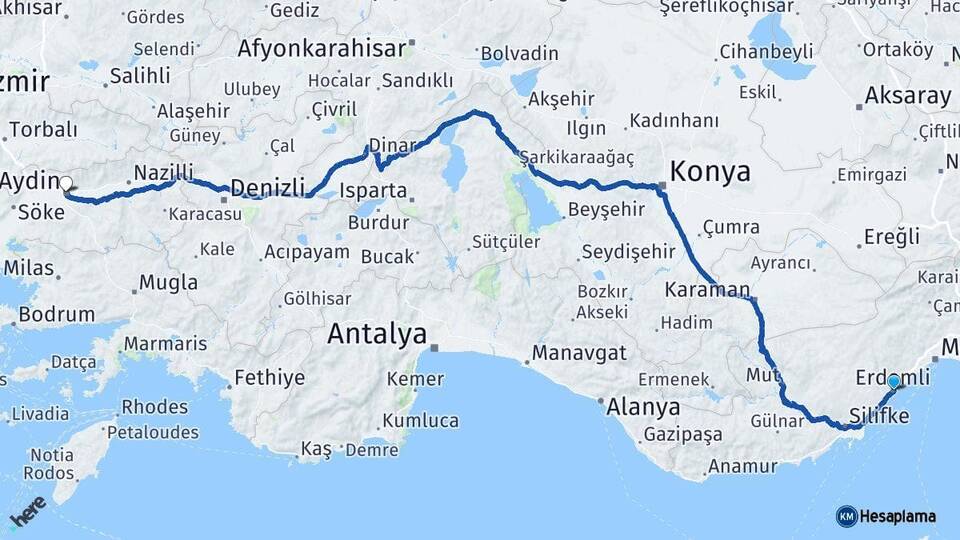 Mersin Erdemli Aydın Arası Kaç Km - Yol Haritası