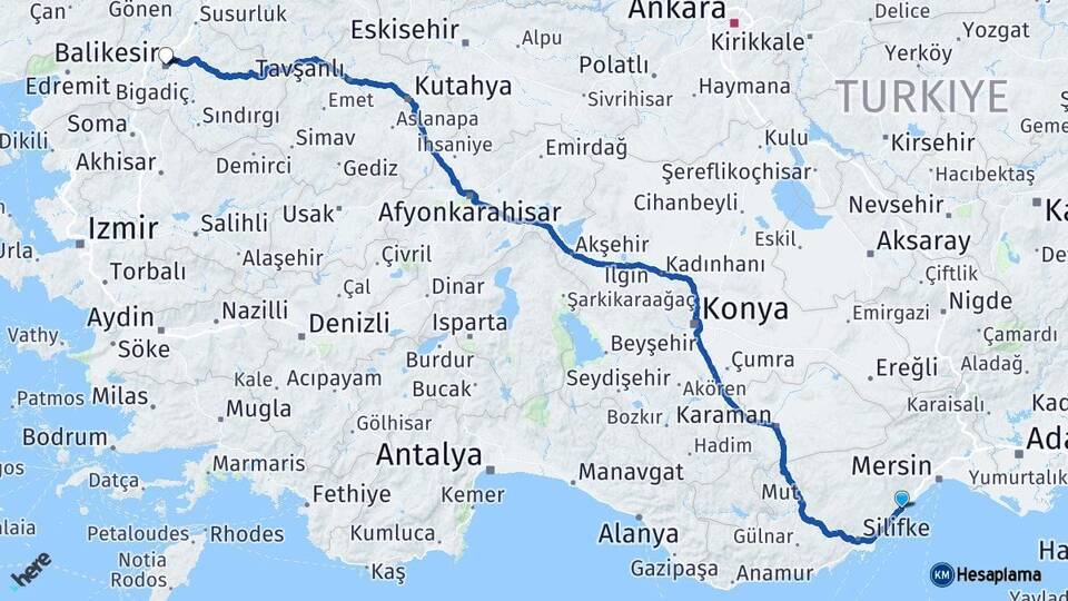 Mersin Erdemli Balıkesir Arası Kaç Km - Yol Haritası