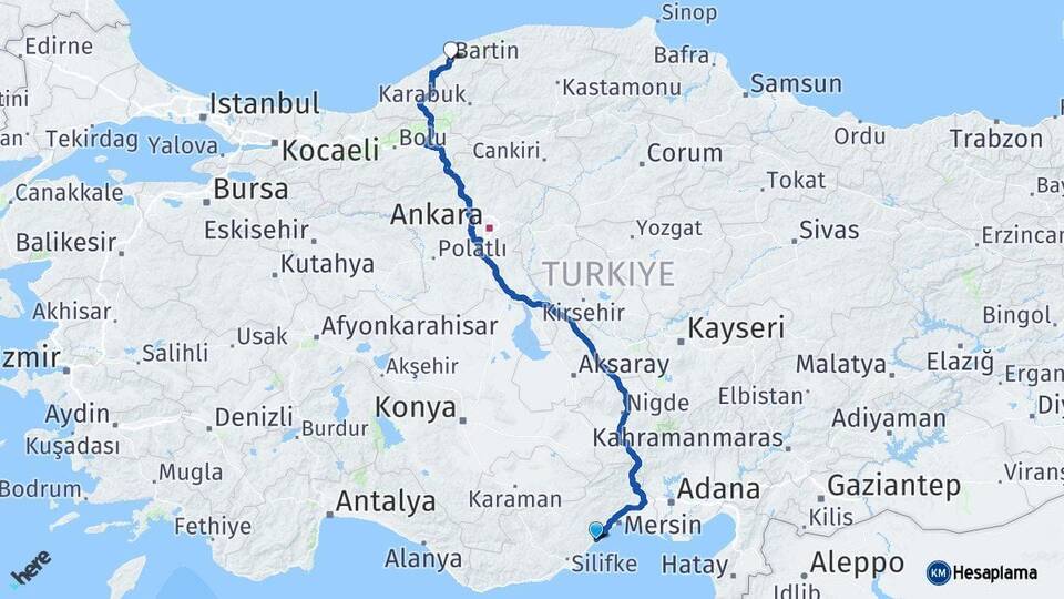 Mersin Erdemli Bartın Arası Kaç Km - Yol Haritası