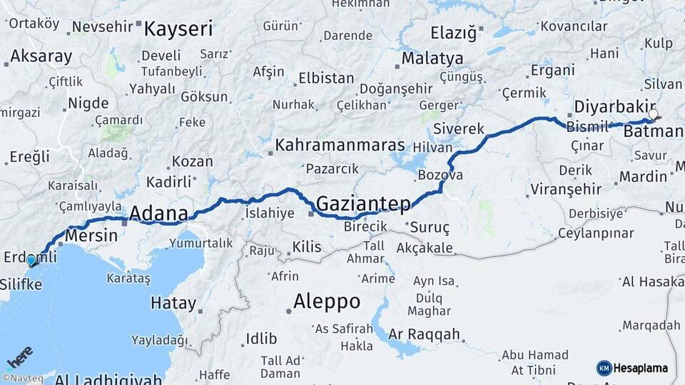 Mersin Erdemli Batman Arası Kaç Km - Yol Haritası
