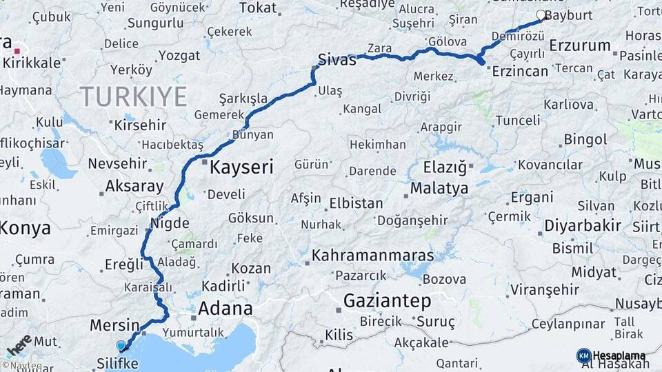 Mersin Erdemli Bayburt Arası Kaç Km - Yol Haritası