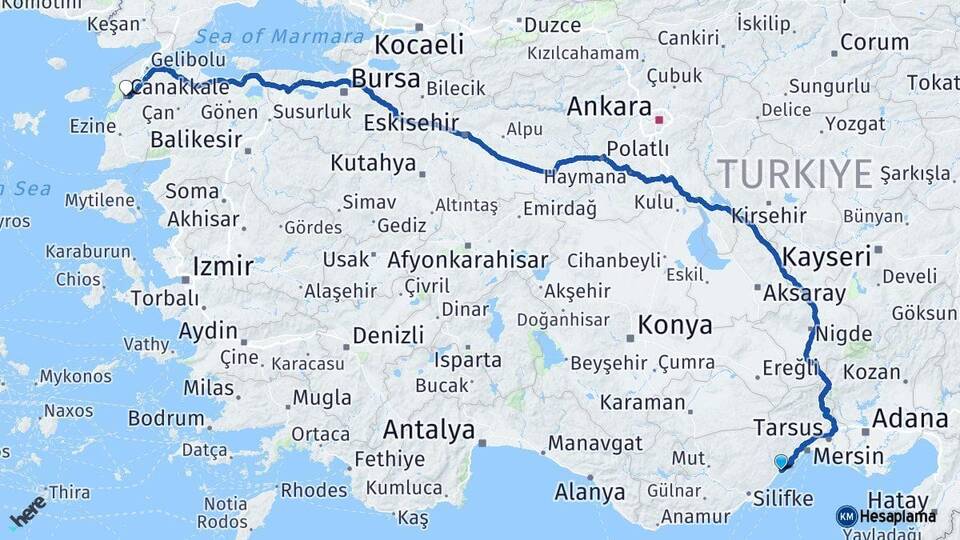 Mersin Erdemli Çanakkale Arası Kaç Km - Yol Haritası