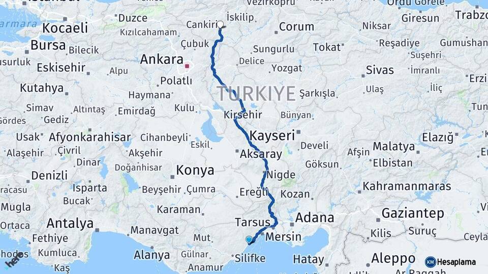 Mersin Erdemli Çankırı Arası Kaç Km - Yol Haritası