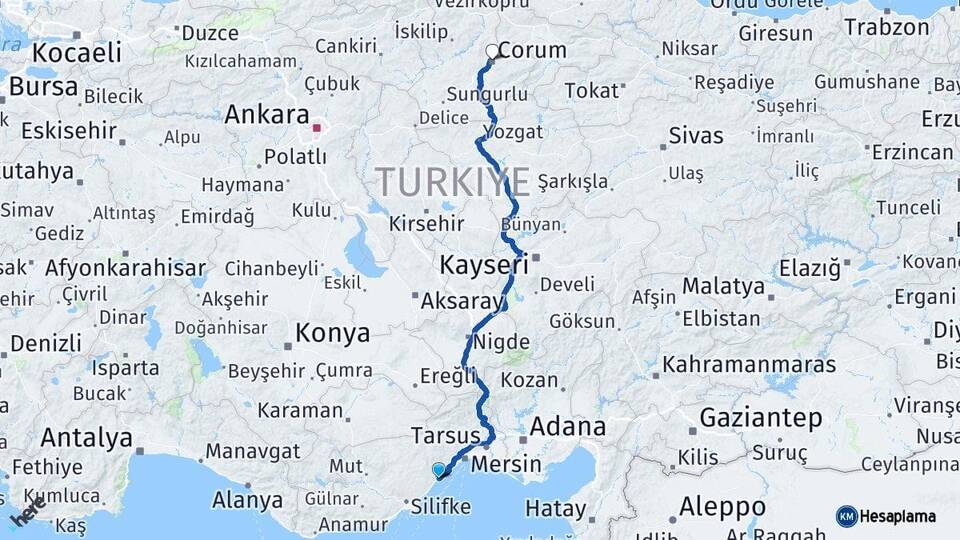 Mersin Erdemli Çorum Arası Kaç Km - Yol Haritası
