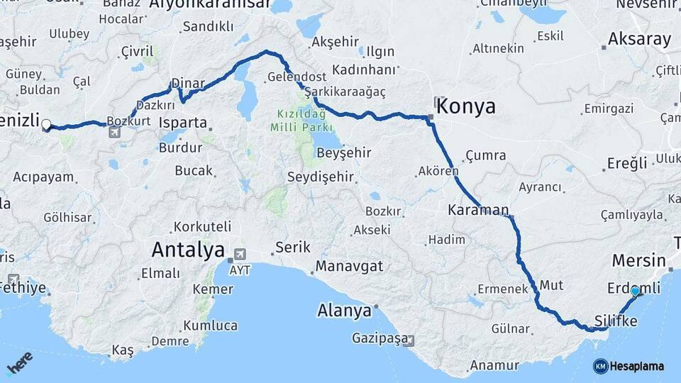 Mersin Erdemli Denizli Arası Kaç Km - Yol Haritası