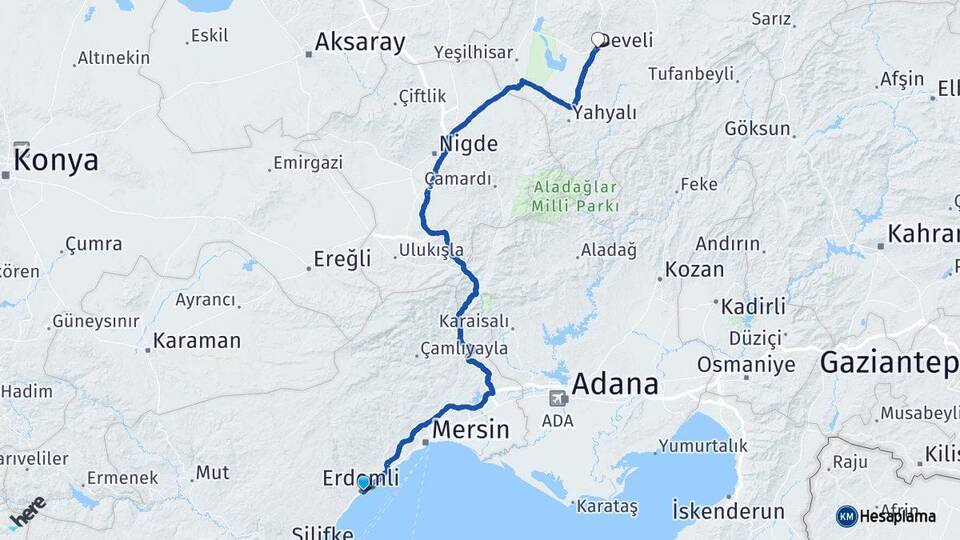 Mersin Erdemli Develi Kayseri Arası Kaç Km - Yol Haritası