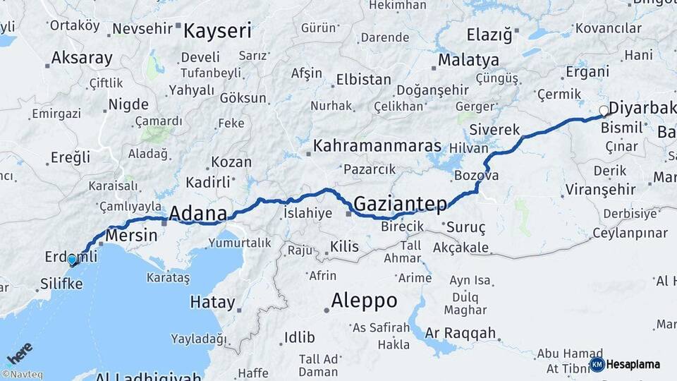 Mersin Erdemli Diyarbakır Arası Kaç Km - Yol Haritası