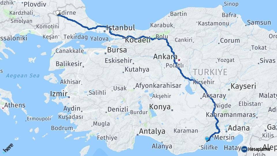 Mersin Erdemli Edirne Arası Kaç Km - Yol Haritası