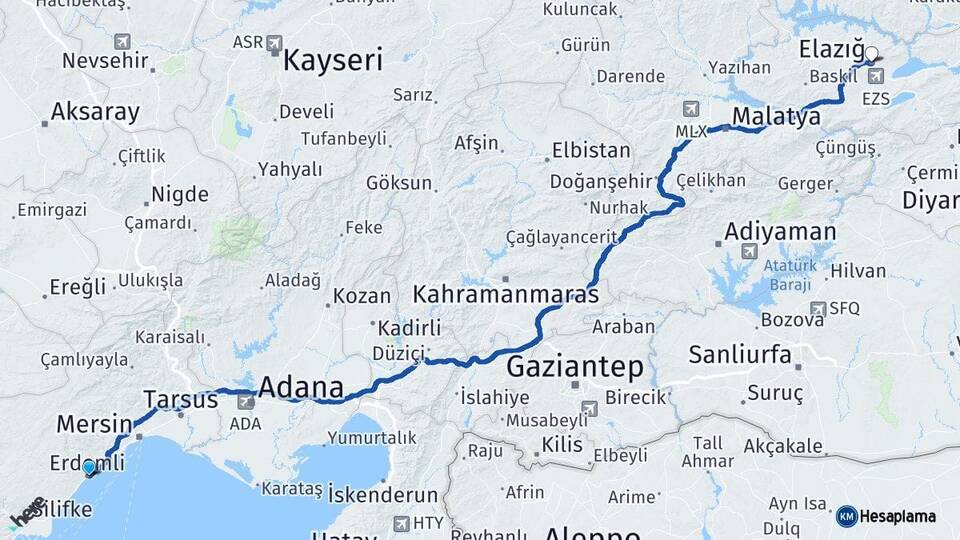 Mersin Erdemli Elazığ Arası Kaç Km - Yol Haritası
