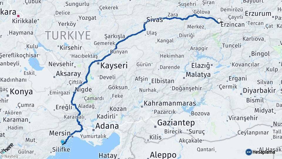 Mersin Erdemli Erzincan Arası Kaç Km - Yol Haritası