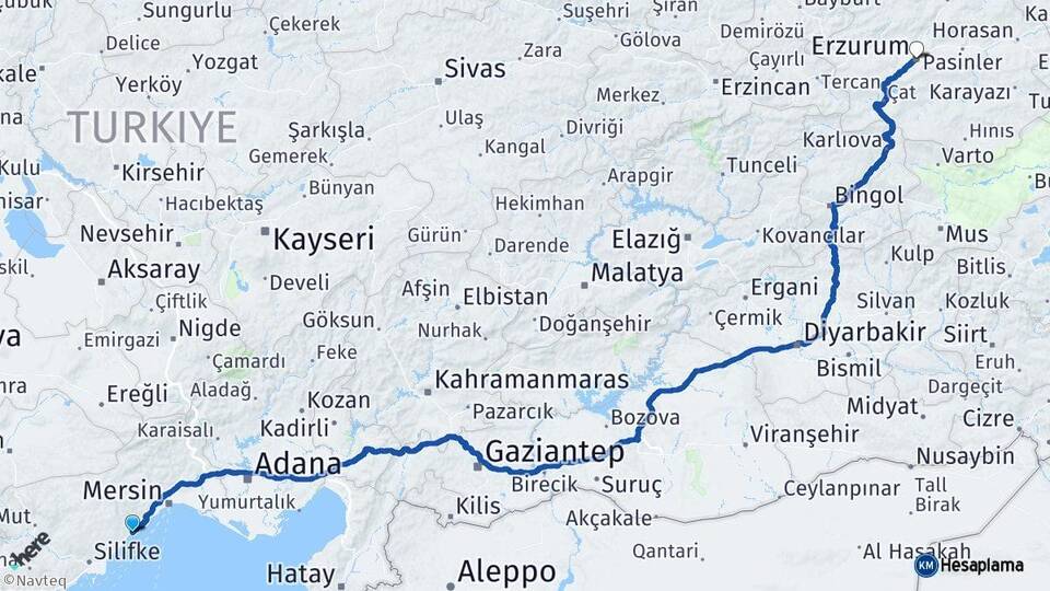 Mersin Erdemli Erzurum Arası Kaç Km - Yol Haritası