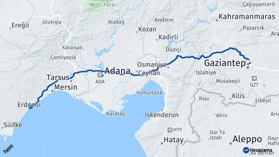 Mersin Erdemli Gaziantep Arası Kaç Km - Yol Haritası